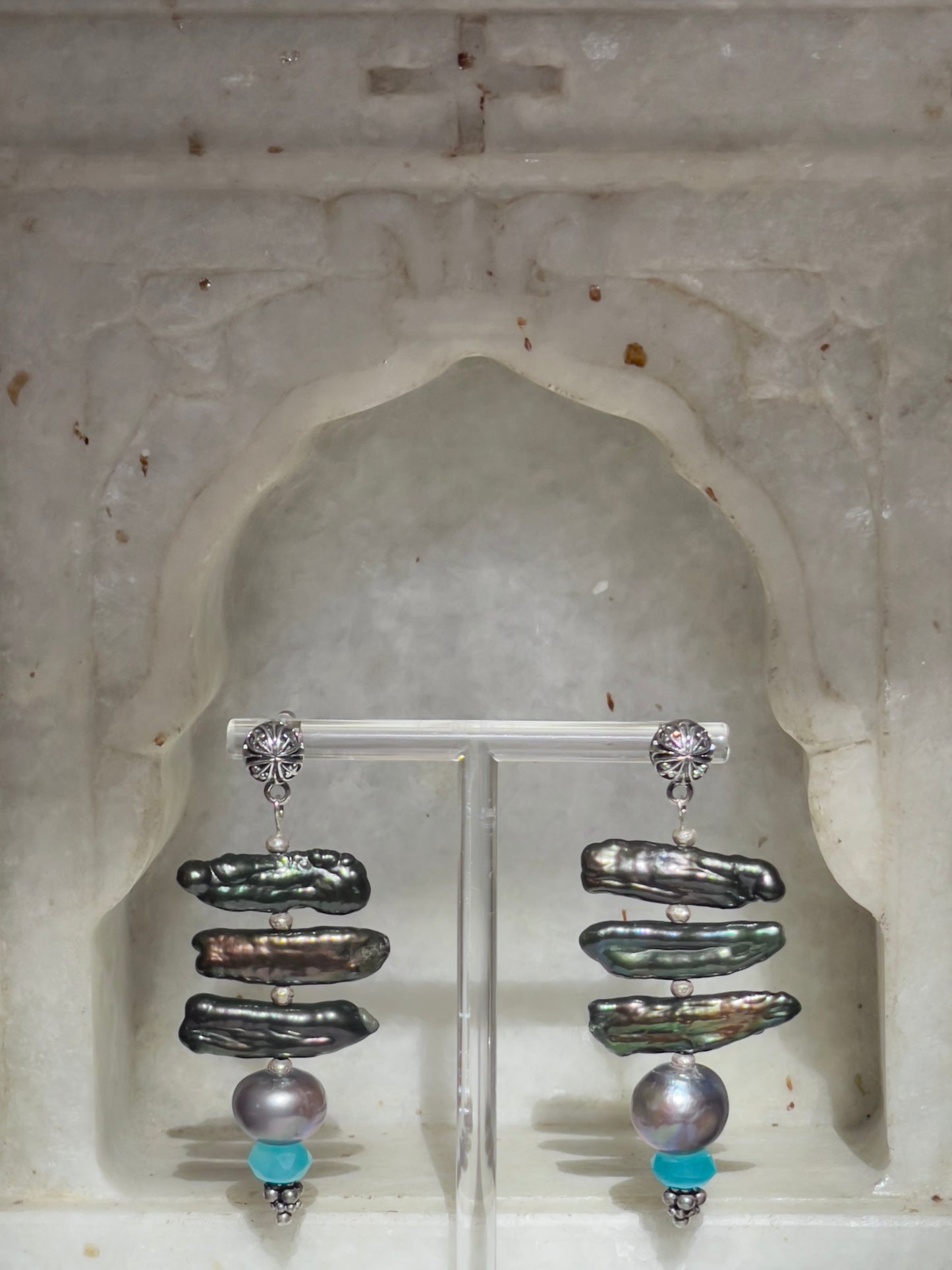 Sedona Collection – Sterling Silver Post, Blue Faceted Russian Amazonite & Pearl Earrings (EAS-04)