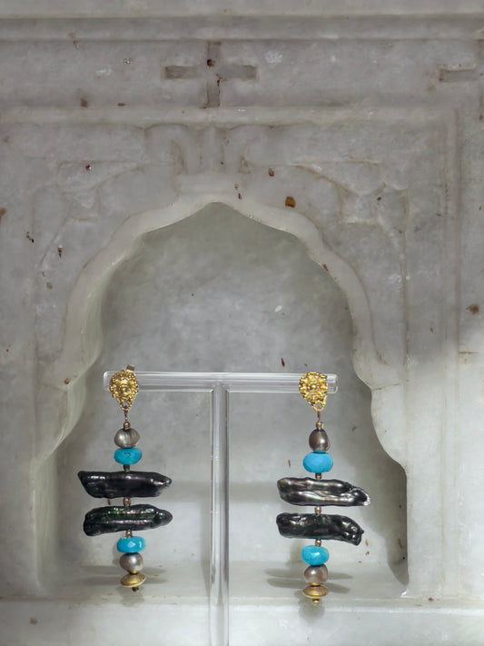 Sedona Collection – Gold Vermeil Satin Finish Post, Turquoise & Pearl Earrings (EAGV-01 )