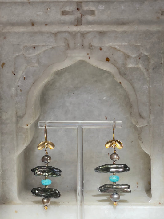 Sedona Collection – Gold Vermeil Satin Finish Hook, Turquoise, & Pearl Earrings (EAGV-02)